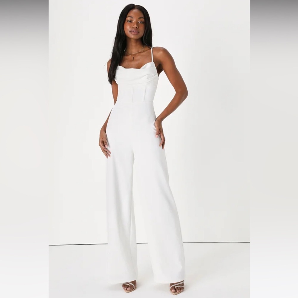 Lulu’s Always Suited White Lace-Up Cowl Neck Bustier Wide-Leg Jumpsuit NWT